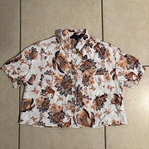 Rachel Roy Bohemian Linen Blend Cropped Button Up Blouse Short Sleeve Sz Medium